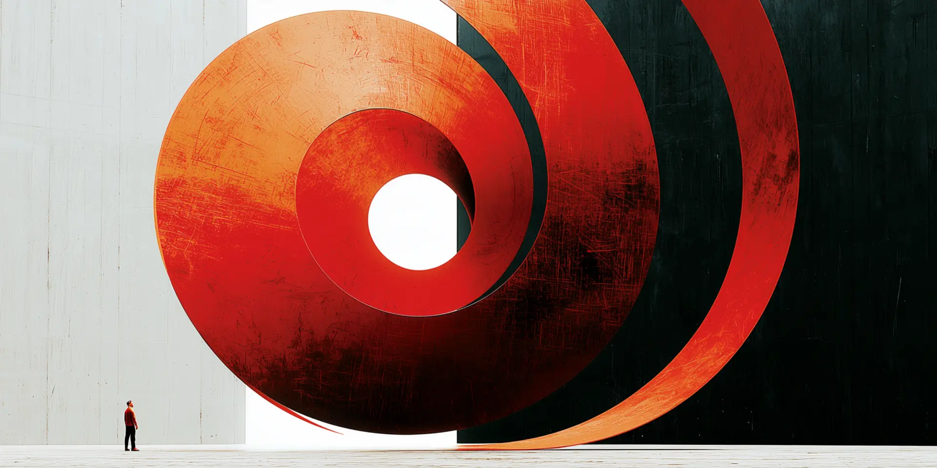 A monumental continuous copper spiral between pale and dark walls, with a small person standing beside it.